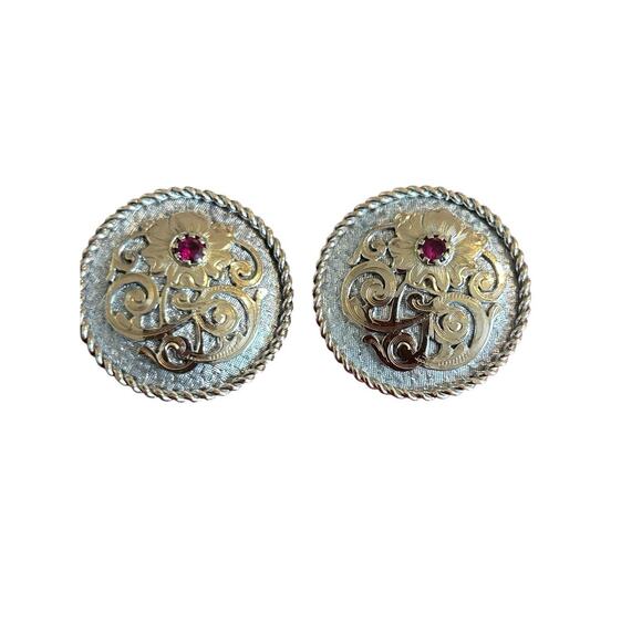 Vintage Montana Silversmiths Floral Round Concho Earrings Red Rhinestone Western - Picture 1 of 8